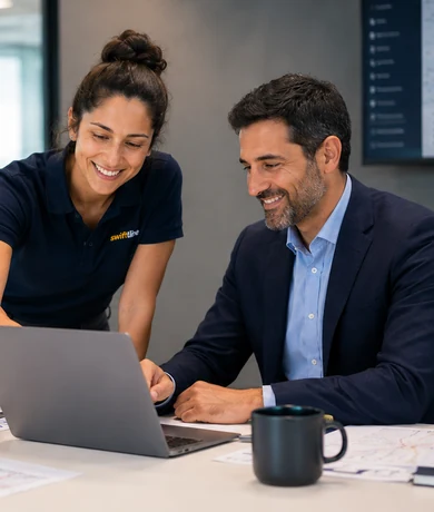 Swiftline courier discussing service options with a business customer
